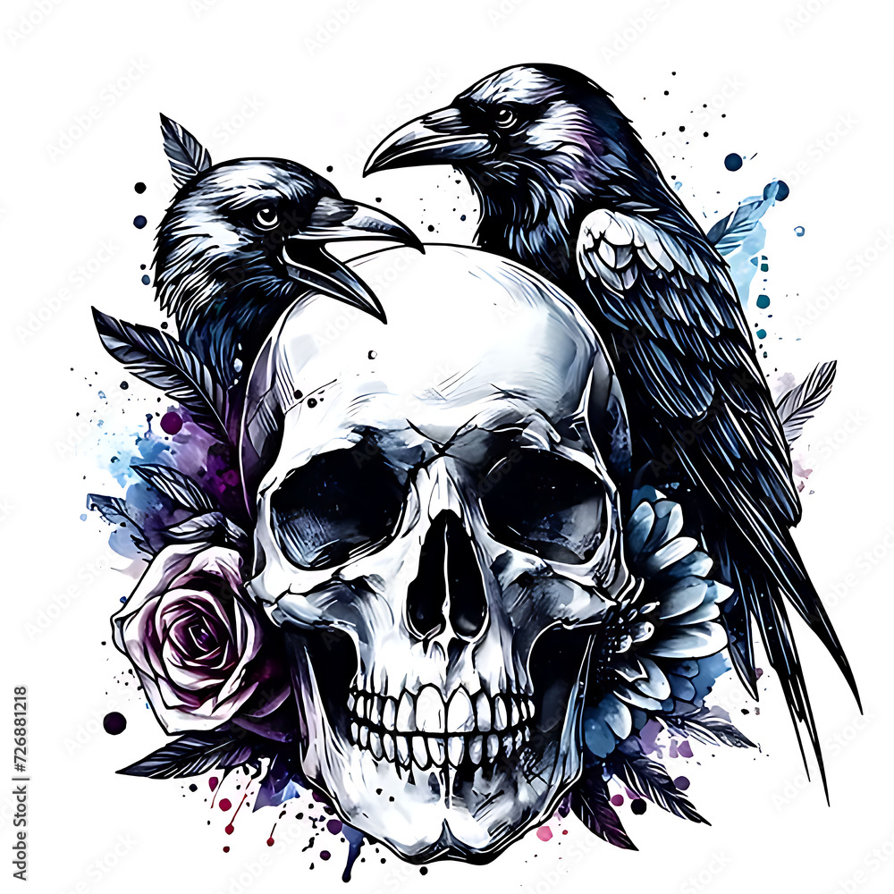 Fototapeta premium illustration design logo skull and bird style watercolor