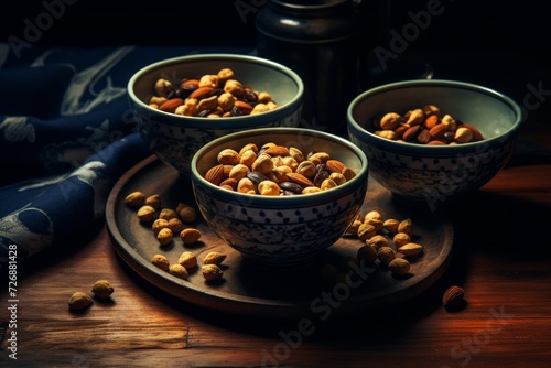 Hazelnuts poured into plates stand on a table on a black background