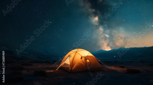 tent is lit up on the field with stars above  in the style of dark yellow and light beige  photo-realistic landscapes 