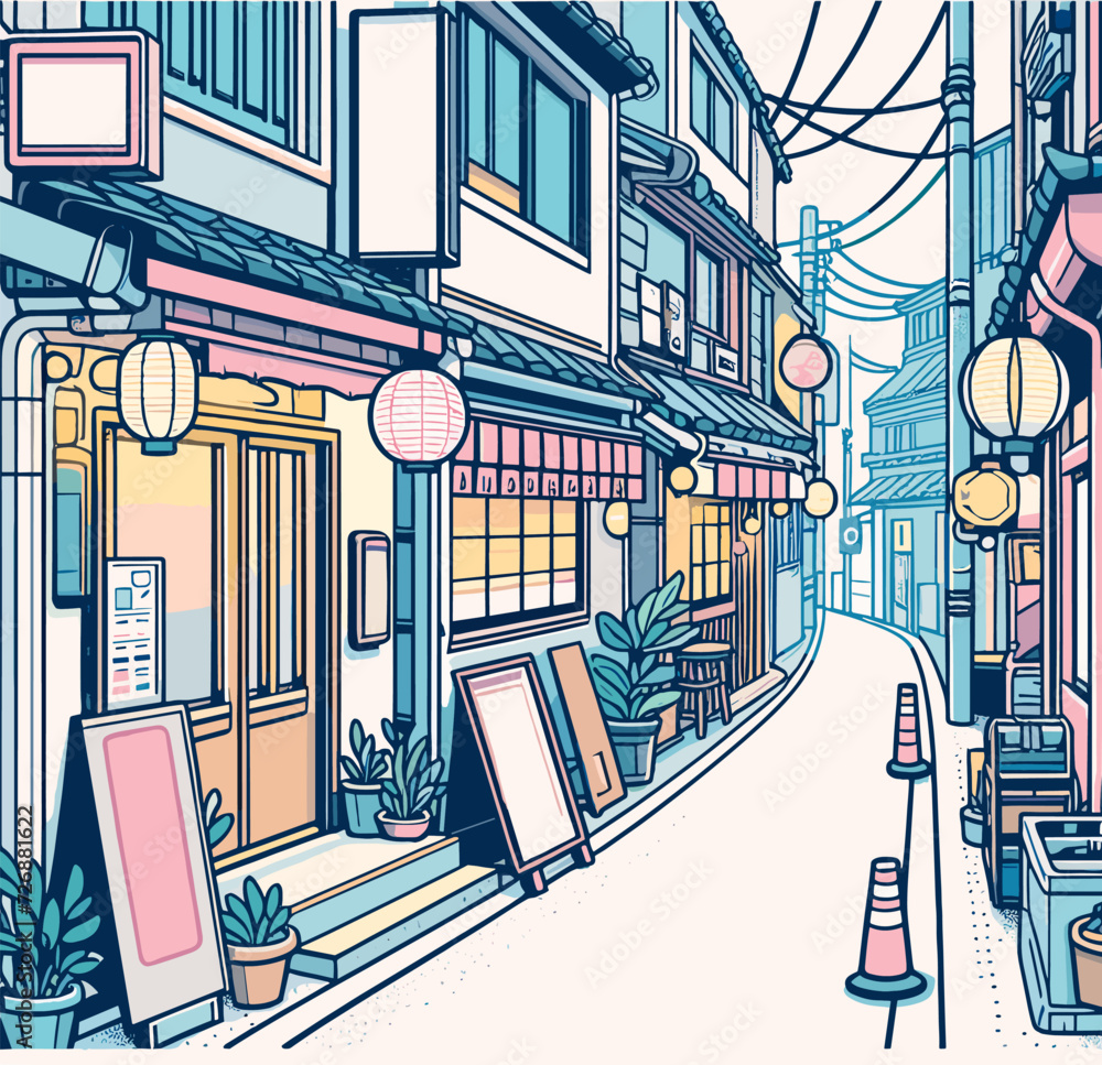 Minimal japanese food alley vector illustration, pastel color