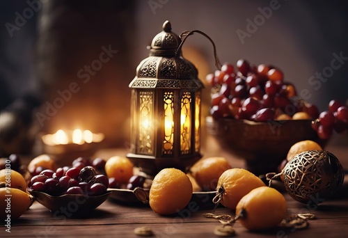 Egyptian Ramzan Arabian background photo placed Rosary Close date fruits Islamic lantern photo