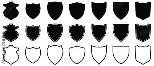 Shield icon set in vintage style. Protect shield security line icons. Badge quality symbol, sign, logo or emblem. Vector illustration