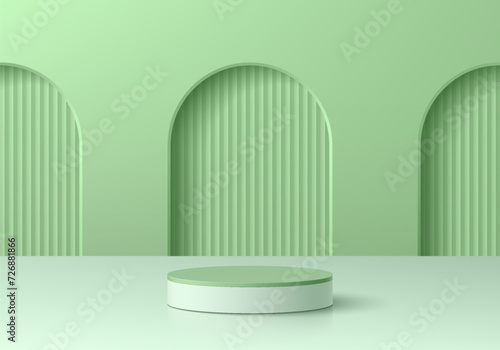 Realistic 3D green, white podium pedestal background with 3 arch gate pastel scene. Wall minimal mockup product stage showcase, Cosmetic banner promotion display. 3D abstract vector geometric platform