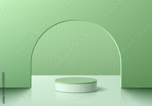 Realistic 3D green white podium pedestal background in arch gate with vertical pattern scenn. Wall minimal mockup product stage showcase, Cosmetic banner promotion display. 3D abstract vector platform photo