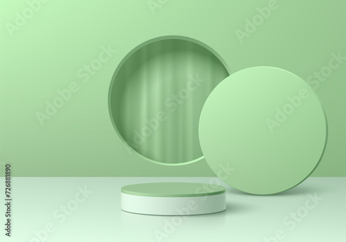 Realistic 3D green and white podium pedestal background with soft curtain in round window. Wall minimal scene mockup or product stage showcase, Cosmetic promotion display. 3D abstract vector platforms