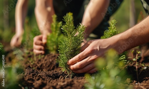 volunteers plant pine trees - reforestation of forests and mountains photo