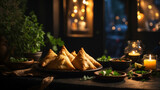 A cozy evening setting with dim lighting, where the warmth of the chicken samosas on the black wooden table becomes a focal point