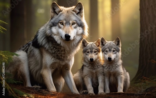 realistic photo Family of gray wolves in with forest background. generative ai