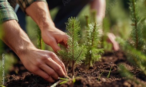 volunteers plant pine trees - reforestation of forests and mountains