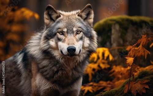 realistic photo of gray wolf in with forest background. generative ai