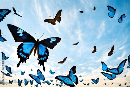 A blue butterfly  Papilio Salmoxis  flying through a sunny sky