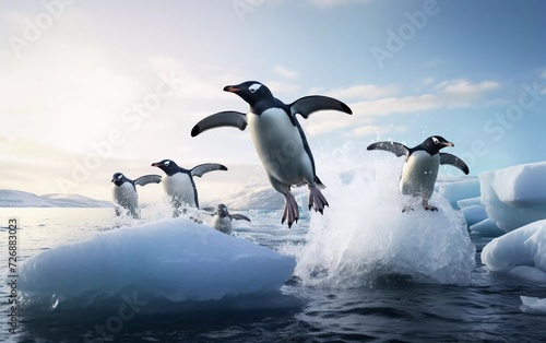 realistic photo Adelie Penguin, pygoscelis adeliae, Group Jumping into the Sea. generative ai