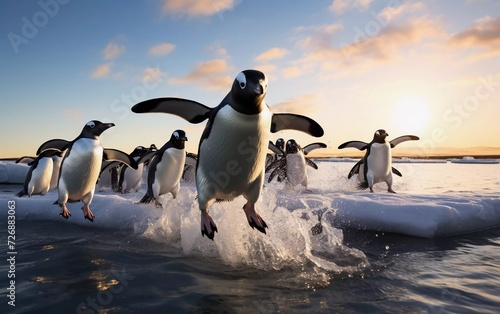 realistic photo Adelie Penguin  pygoscelis adeliae  Group Jumping into the Sea. generative ai