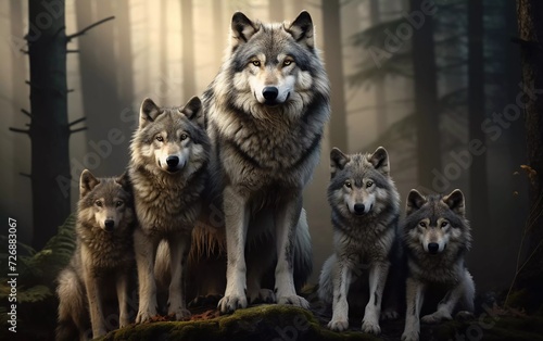 realistic photo Family of gray wolves in with forest background. generative ai