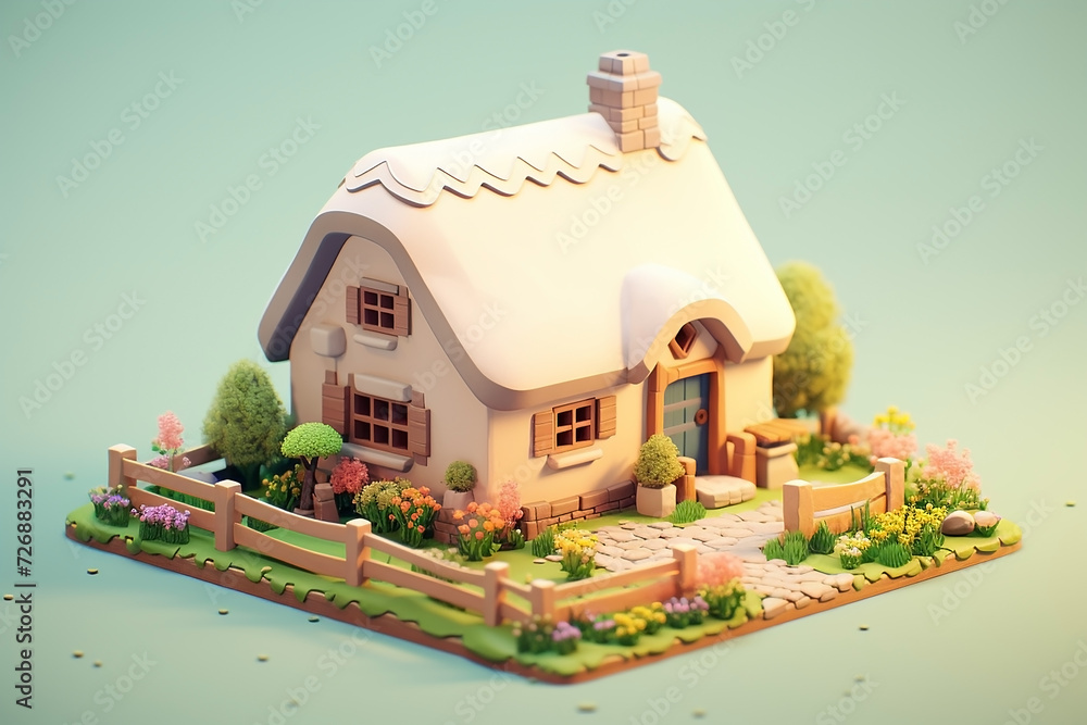 A charming Irish cottage with a thatched roof, soft pastel, 3d icon clay render.