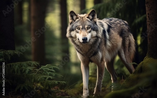 realistic photo of gray wolf in with forest background. generative ai