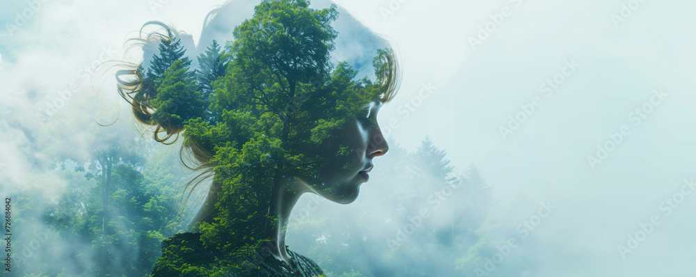 An ethereal double exposure of a woman and a green forest, symbolizing environment protection and sustainability. - obrazy, fototapety, plakaty 