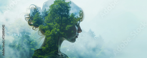 An ethereal double exposure of a woman and a green forest, symbolizing environment protection and sustainability.