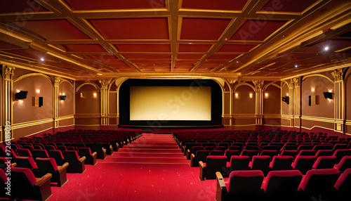 Movie Theater. Cinema. Film. Entertainment. Screening. Movie Night. Audience. Interior. Cinematic. Premiere. Big Screen. Popcorn. Seats. Enjoyment. Film Industry. Leisure. AI Generated.