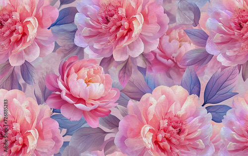 Hand drawn pink Peonies with watercolor texture