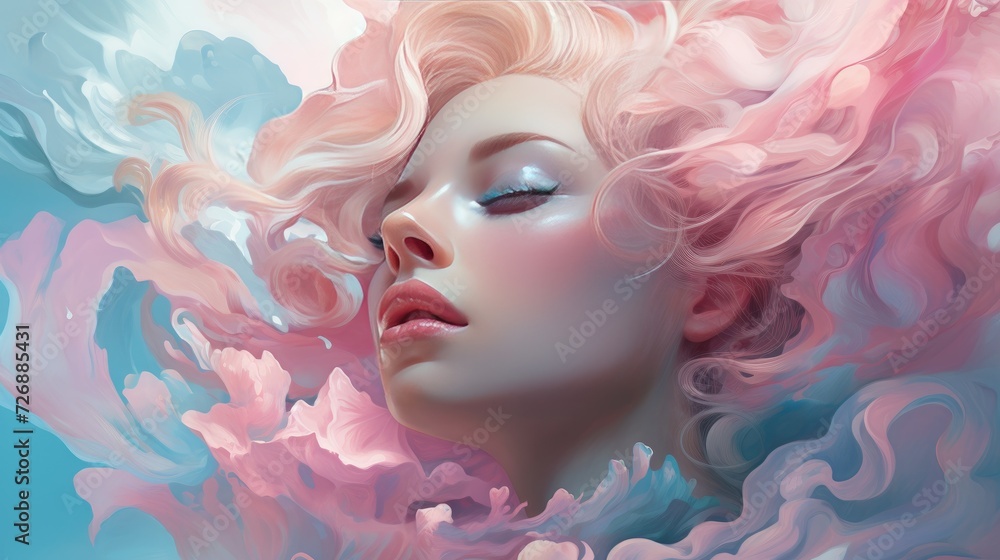 Illustrate a women's beauty with a dreamy color palette of Turquoise and Soft pink tones, complemented by ethereal swirls and flowing typography --ar 16:9 Job ID: 7da363ad-50b1-4fd7-bf7a-6a662ebc4f79