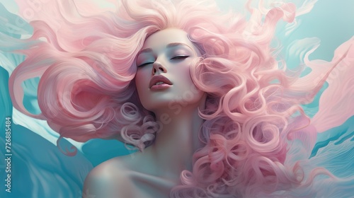 Illustrate a women's beauty with a dreamy color palette of Turquoise and Soft pink tones, complemented by ethereal swirls and flowing typography --ar 16:9 Job ID: 8dd9604c-ba20-4ec1-84a5-f0c267f7d66e