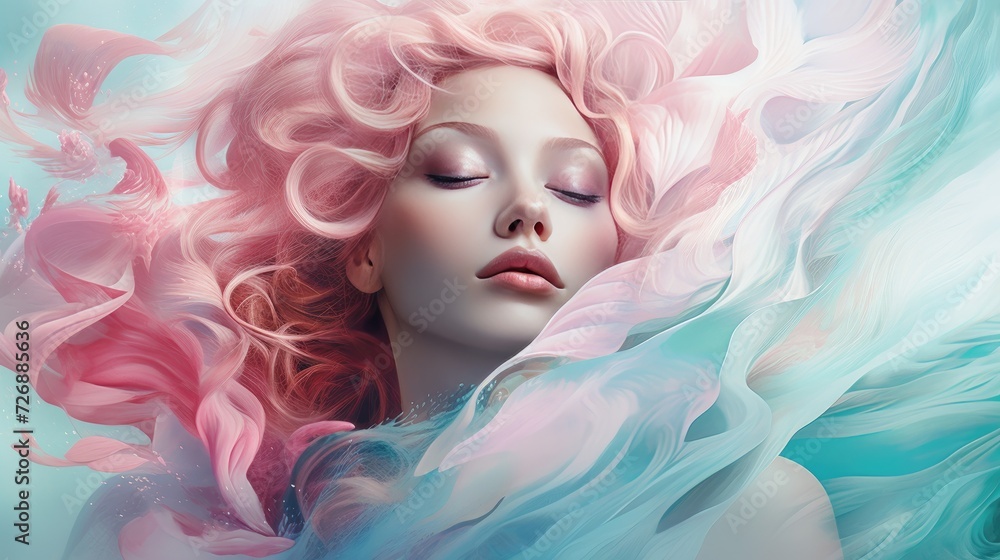 Illustrate a women's beauty with a dreamy color palette of Turquoise and Soft pink tones, complemented by ethereal swirls and flowing typography --ar 16:9 Job ID: 43b41e40-daa6-461b-b63f-ac62c382de0a