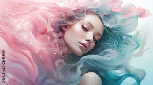 Illustrate a women's beauty with a dreamy color palette of Turquoise and Soft pink tones, complemented by ethereal swirls and flowing typography --ar 16:9 Job ID: 43b41e40-daa6-461b-b63f-ac62c382de0a © MrHamster