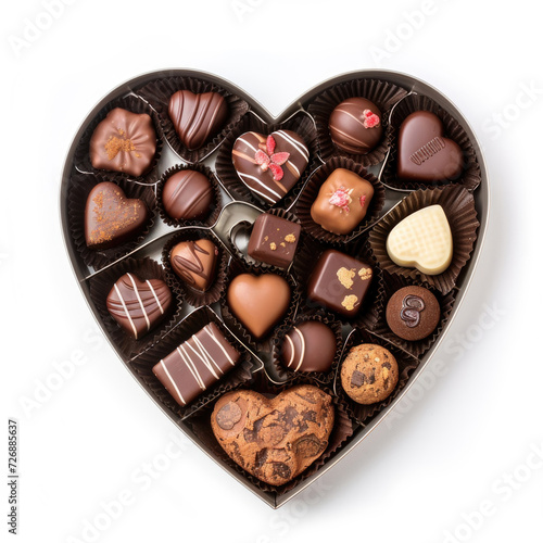 A heart-shaped box filled with an array of delectable chocolates a white backdrop