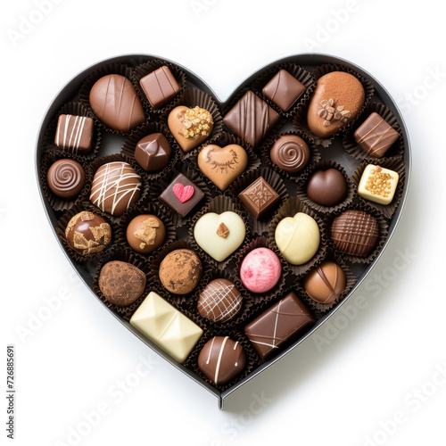 A heart-shaped box filled with an array of delectable chocolates a white backdrop © Venka