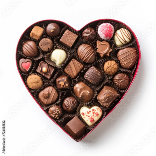 A heart-shaped box filled with an array of delectable chocolates a white backdrop © Veniamin Kraskov