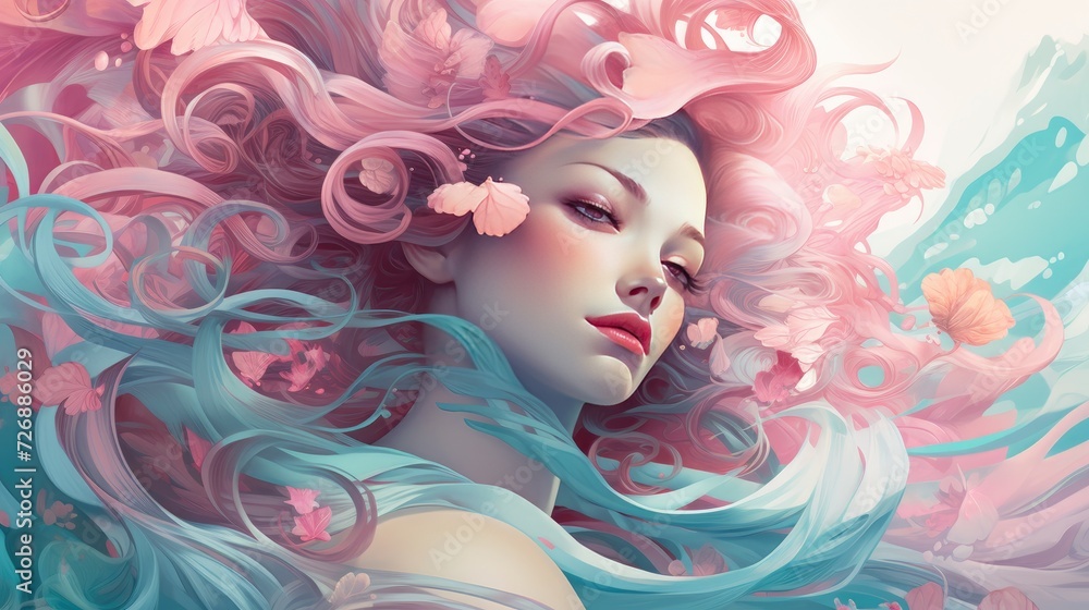 Illustrate a women's beauty with a dreamy color palette of Turquoise and Soft pink tones, complemented by ethereal swirls and flowing typography --ar 16:9 Job ID: 4474c20d-ea7e-433a-84ce-82f11b9ed83c Illustrate a women's beauty with a dreamy color palette of Turquoise and Soft pink tones, complemented by ethereal swirls and flowing typography --ar 16:9 Job ID: 4474c20d-ea7e-433a-84ce-82f11b9ed83c