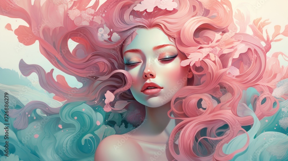 Beautiful woman with long curly pink hair. Perfect makeup. Beauty, fashion Beautiful woman with long curly pink hair. Perfect makeup. Beauty, fashion