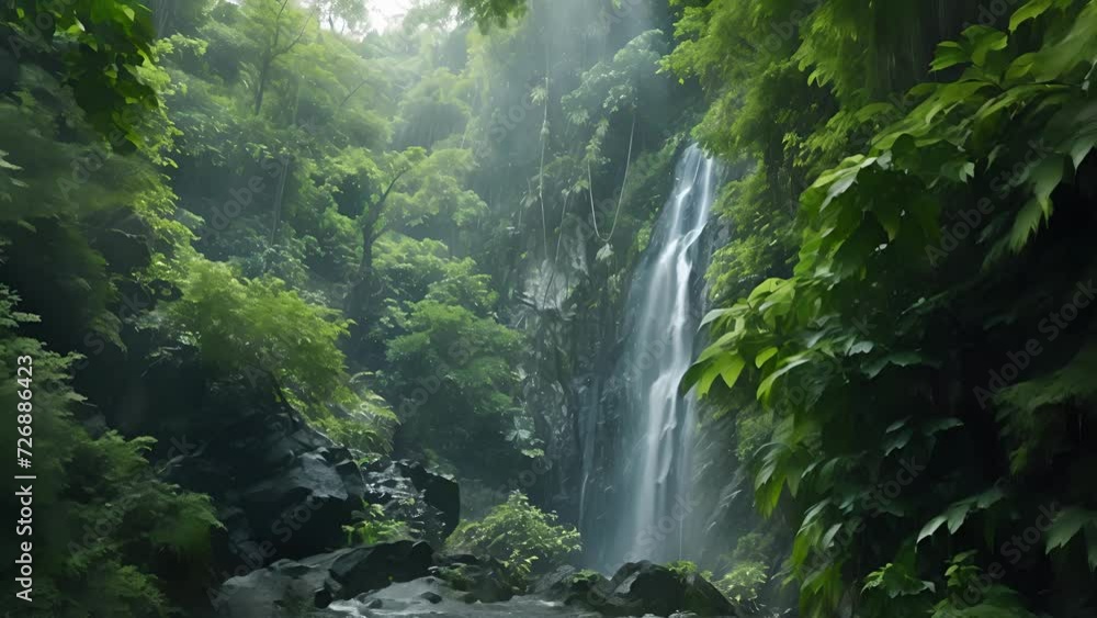 A neonlit waterfall cascading down a rocky cliff surrounded by lush green foliage. A neonlit waterfall cascading down a rocky cliff surrounded by lush green foliage.