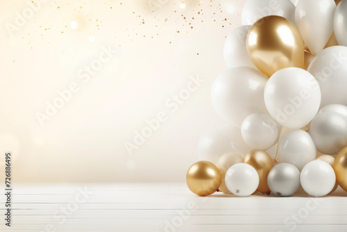 Birthday gold white balloons with gift boxes. Realistic white decorations for New Year or birthday background. minimalist design.