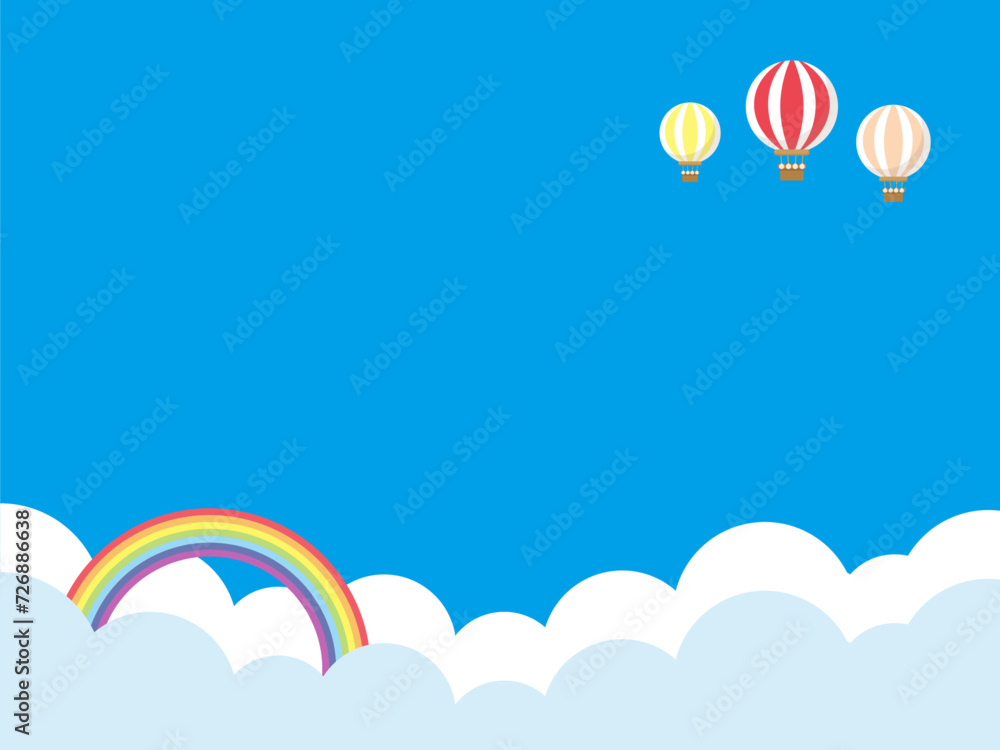 気球が並んで飛んでいる空と虹のベクターイラスト。旅行やレジャー、休暇のイメージの背景。真ん中はコピースペースで文字を入れることが可能。