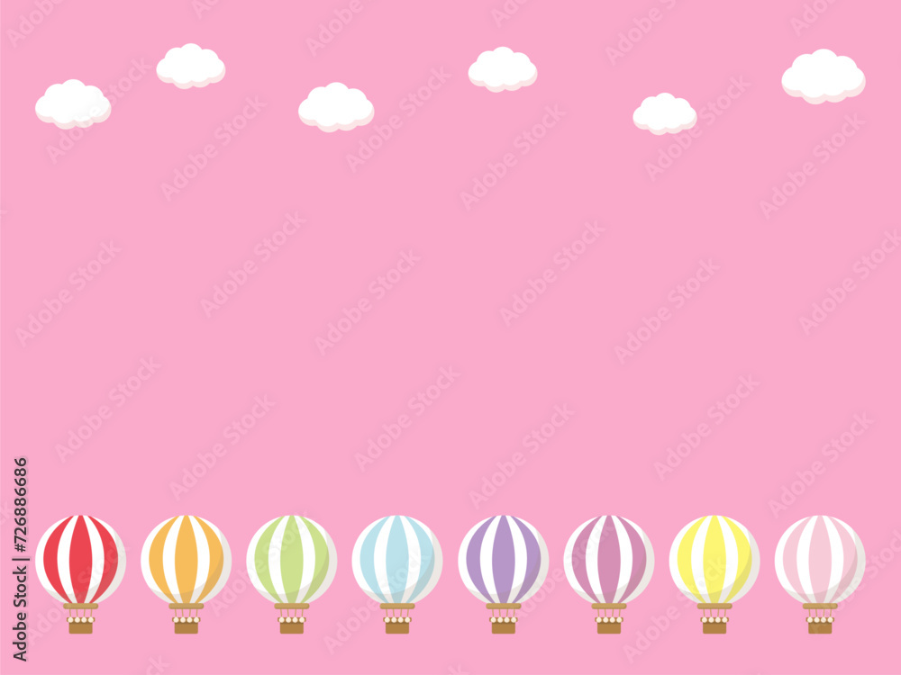 気球が並んで飛んでいる春の空のベクターイラスト。旅行やレジャー、休暇のイメージの背景。真ん中はコピースペースで文字を入れることが可能。