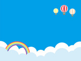 気球が並んで飛んでいる空と虹のベクターイラスト。旅行やレジャー、休暇のイメージの背景。真ん中はコピースペースで文字を入れることが可能。