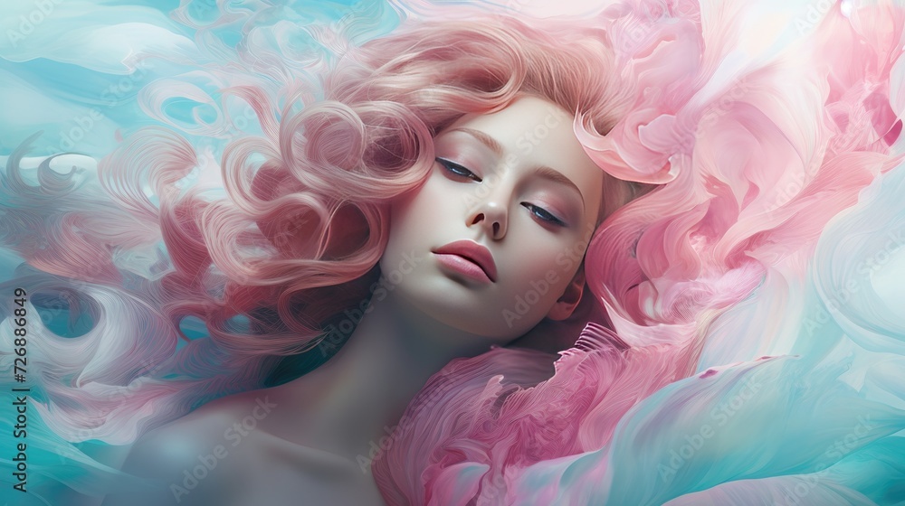 Beautiful woman with long curly pink hair. Perfect makeup. Beauty, fashion Beautiful woman with long curly pink hair. Perfect makeup. Beauty, fashion