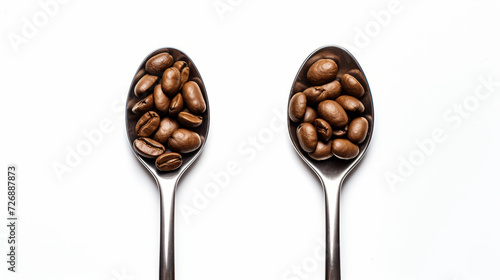 Roasted Coffee beans and different types of grinds coffee in wooden spoon isolated on white background. Clipping path