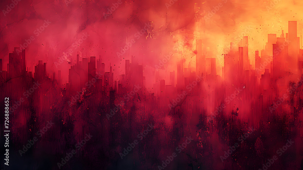 Painting of a City With Red and Yellow Smoke