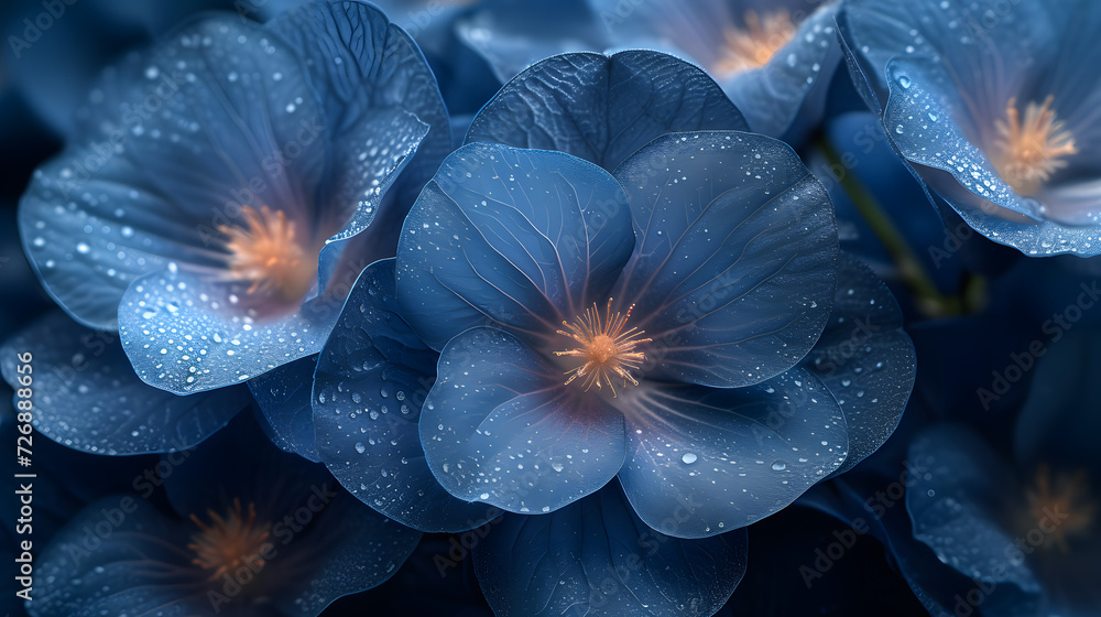 Blue Flowers Covered in Water Droplets
