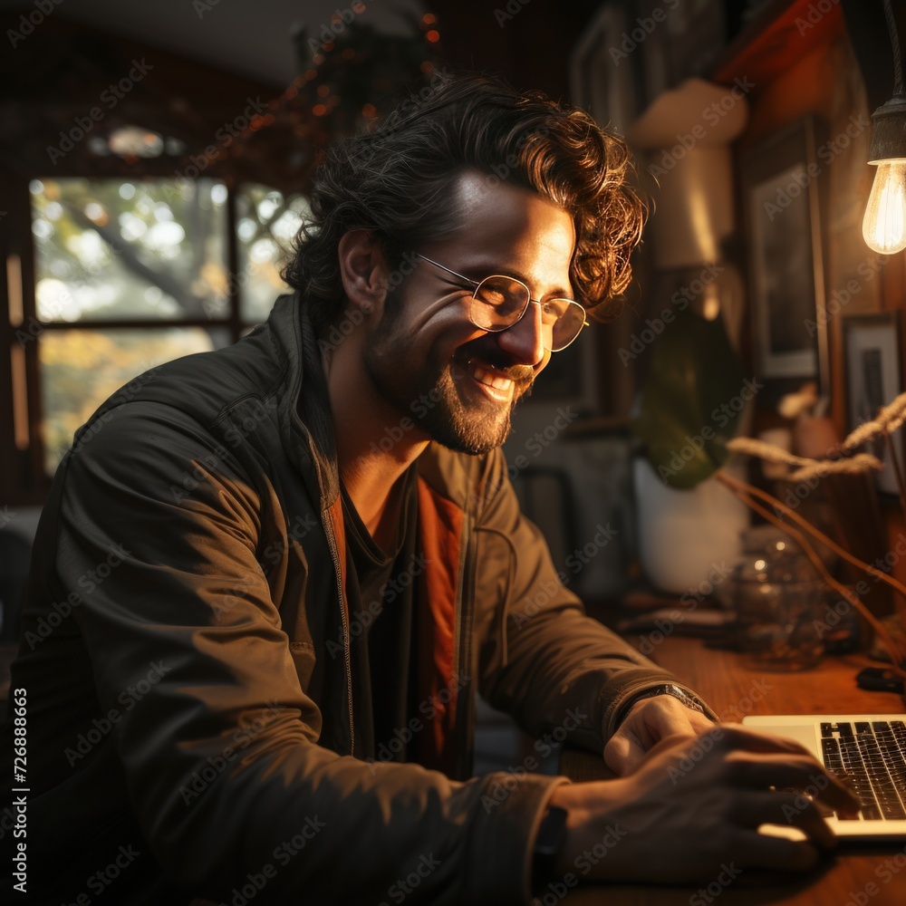 Young man using laptop and smiling Young man using laptop and smiling