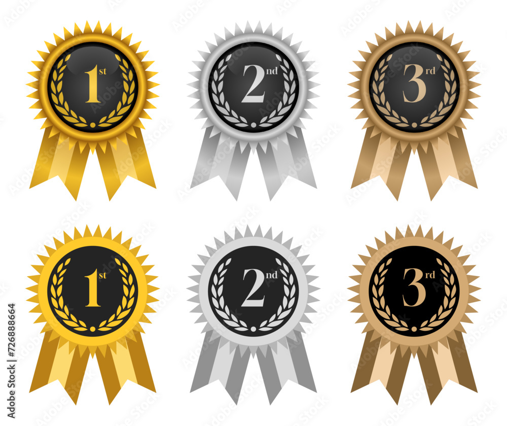 1st, 2nd and 3rd place champion pin badge vector. gold, silver and bronze. 3d and flat 1st, 2nd and 3rd place champion pin badge vector. gold, silver and bronze. 3d and flat