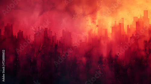 Painting of a City With Red and Yellow Smoke