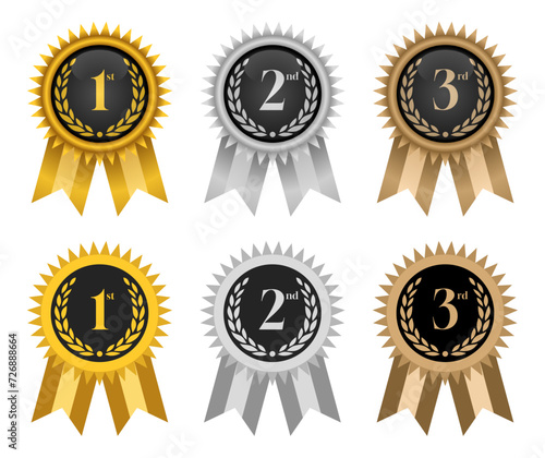1st, 2nd and 3rd place champion pin badge vector. gold, silver and bronze. 3d and flat