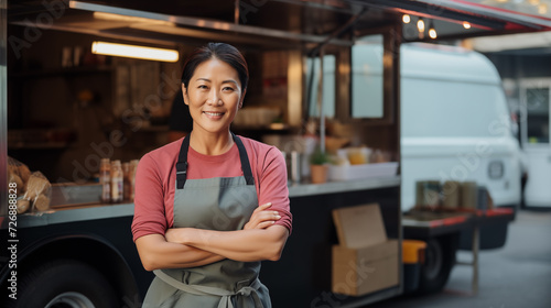 Portrait of a middle-aged Asian woman, arms crossed, smiling happily. Own a small business Standing near his street food truck. Copy space