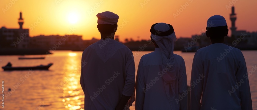 islamic family Three silhouetted figures are gazing at the sunset their features are not distinguishable due to the backlight