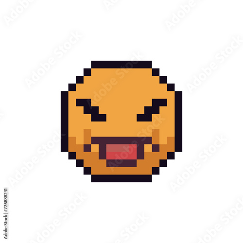 capricious yellow face showing tongue, pixel art icon, funny smile cartoon character, language emotion. Flat style. 8-bit style. Isolated abstract vector illustration.