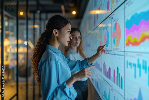 Asian woman working in office, looking to different charts with growing revenue in the future	